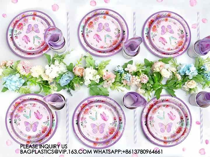 Birthday Party Decoration Festival Tableware Paper Plates Cups Purple Butterfly Party Supplies