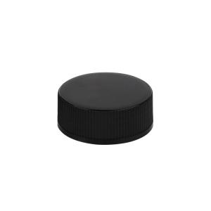 Quality 32/400 Black Ribbed Plastic Screw On Cap Sealed Rotating Cap For Cosmetic Packaging wholesale