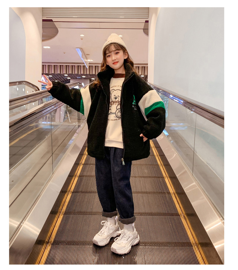 Girls Cotton Warm Embroidered Lamb Wool Padded Coat Windproof