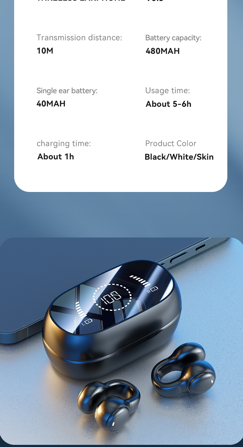 HiFi Stereo Bone Conduction True Wireless Earphone with 20cm Charging Cable and Mic