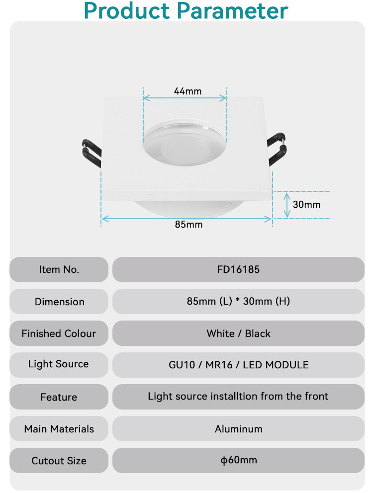 Recessed Spotlight Frame Aluminum Square Design MR16 GU10 60mm Cut-out IP65 Rated