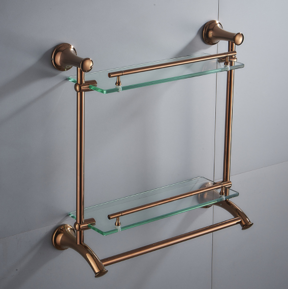 Stainless Steel Glass Shelf 2 Tier Chrome Shelf with Towel Bars Organizer Wall Mount Shower Storage Gold Finish