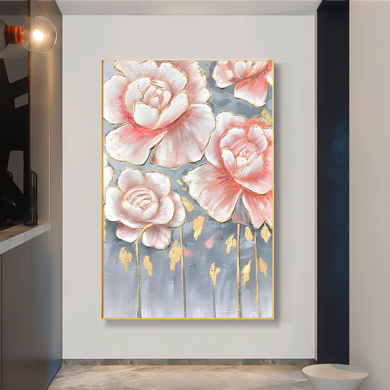 Hand Painted Customized Modern Textured Canvas Oil Painting showcasing Beautiful Flowers and Gold Foil Abstract Artworks