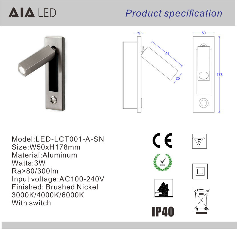 Recessed mounted bedside reading light led reading wall light 3W rotate bedroom headboard wall light for hotel