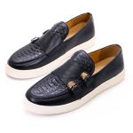 Low Heel Men Round Toe Slip On Sneakers , Crocodile Texture Leather Horsebit