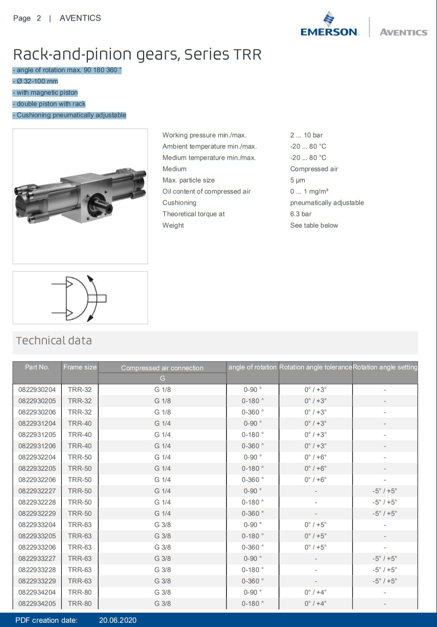 Industrial AVENTICS Series TRR Rotary Cylinder With Adjustable Angle TRR – 0822931206