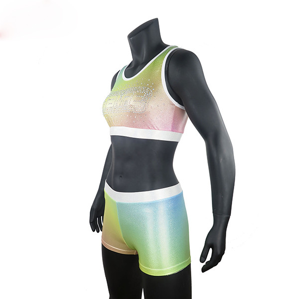 Sublimated Printing Metallic Cheer Dance Clothes With Rhinestones Lycra Fabric