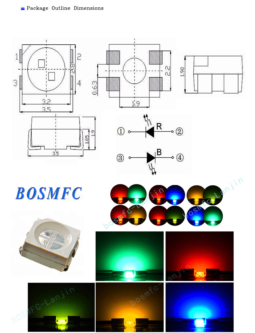 OEM 0.06W Bi Color SMD LED 3528 Red and Green 568-572nm for indicator