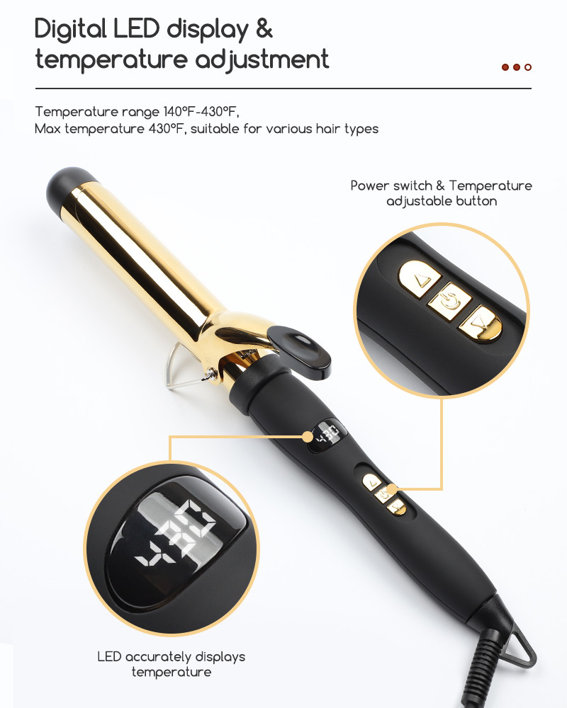 Ceramic Coating Barrel Curling Iron With Clamp Adjustable Temp LCD Display