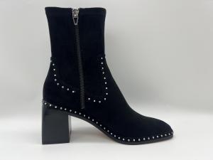 Quality soft suede leather and stretch lycra fabric black Womens Dress ankle Boots with metal zipper design，square abs heel wholesale