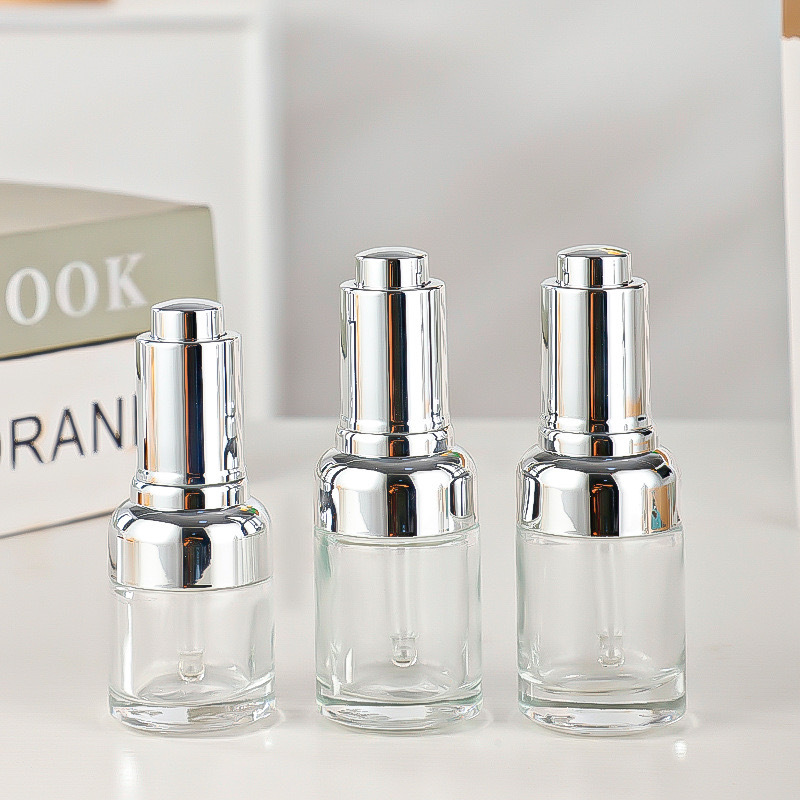 Round Glass Bottle Alu Dropper Essential Oil Bottle with Box Customize Luxury Oil Push Button Flat Shoulder 20ml 30ml 50ml