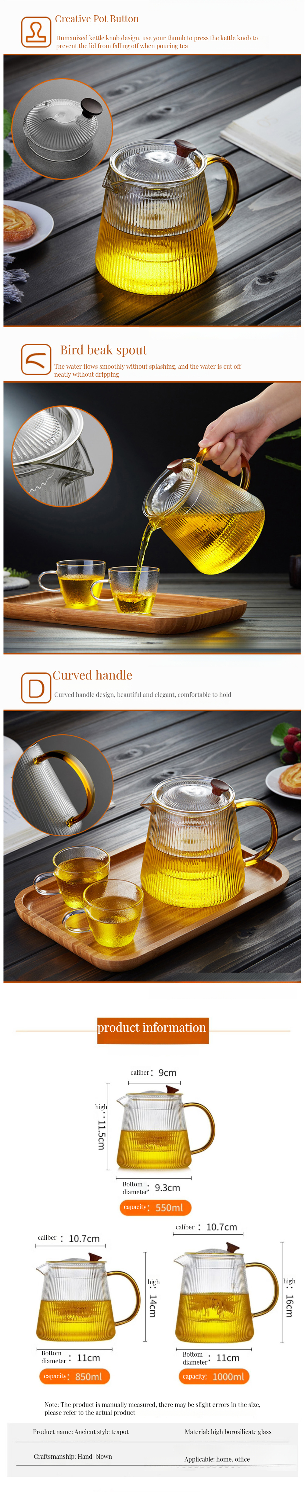 Glass Tea Pots Kettles 1000ml Capacity with Heat Resistant Handle and Classic Design