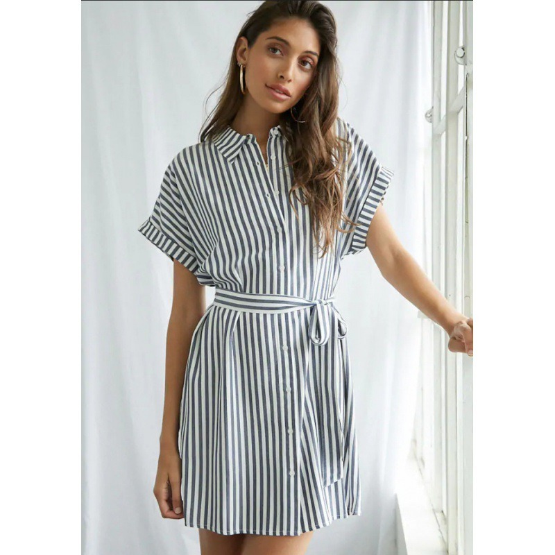 2023wish European and American Foreign Trade Cross-Border E-Commerce Hot Short Sleeve Shirt Collar Lace-up Striped Printed Dress
