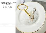 Tableware Two Tier Ceramic Fruit Plates With Gold Metal Stand Wapiti Pattern