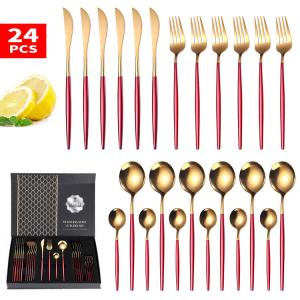 Quality 6 Person Tea Coffee Dessert Gold Stainless Flatware LFGB 24 Piece Gold Cutlery Set wholesale