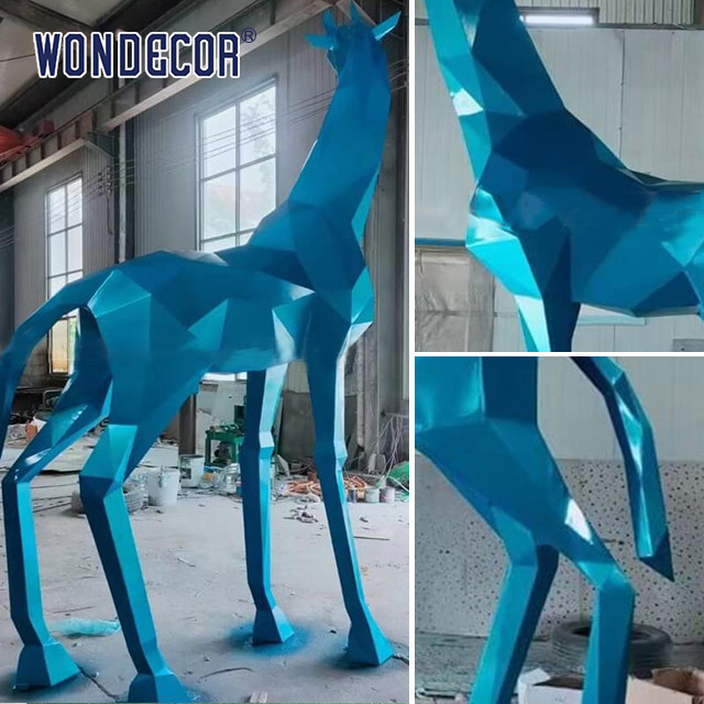 Intricate Forged Metal Sculpture Geometric Giraffe
