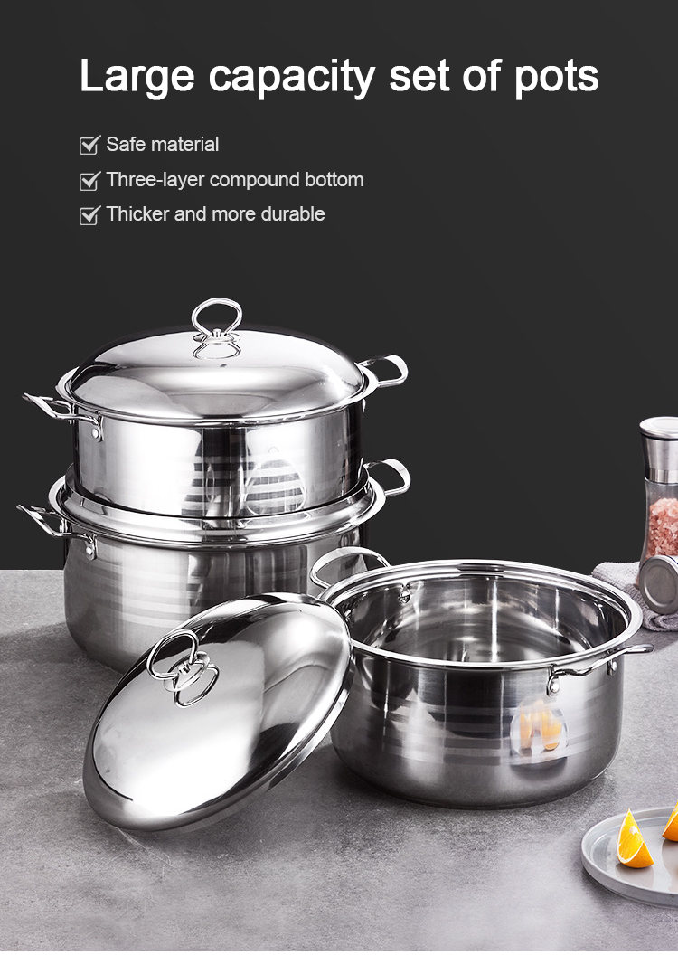 Multifunction Large Capacity Kitchen Cookware Pot 3 Pieces Stainless Steel Ollas Soup Pot Set Cookware Set