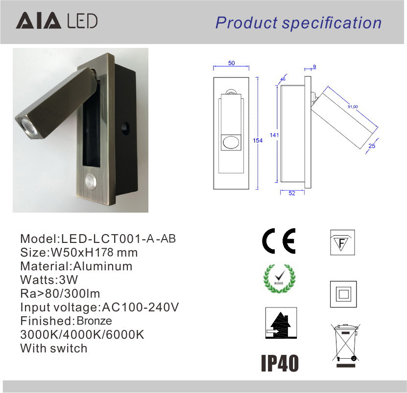 Recessed mounted bedside reading light led reading wall light 3W rotate bedroom headboard wall light for hotel