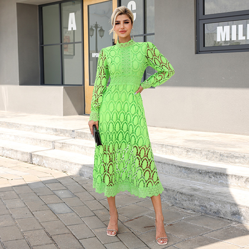 Crochet Cardigan Tie Front Kimono Cover Up Long Sleeve Sheer Boho Gypsy Circle Crochet Lace Trim Maxi Green Midi Dress