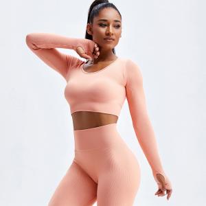 Quality Stretchable Female Yoga Set Clothes Seamless Running Ribbed Crop Top Leggings wholesale
