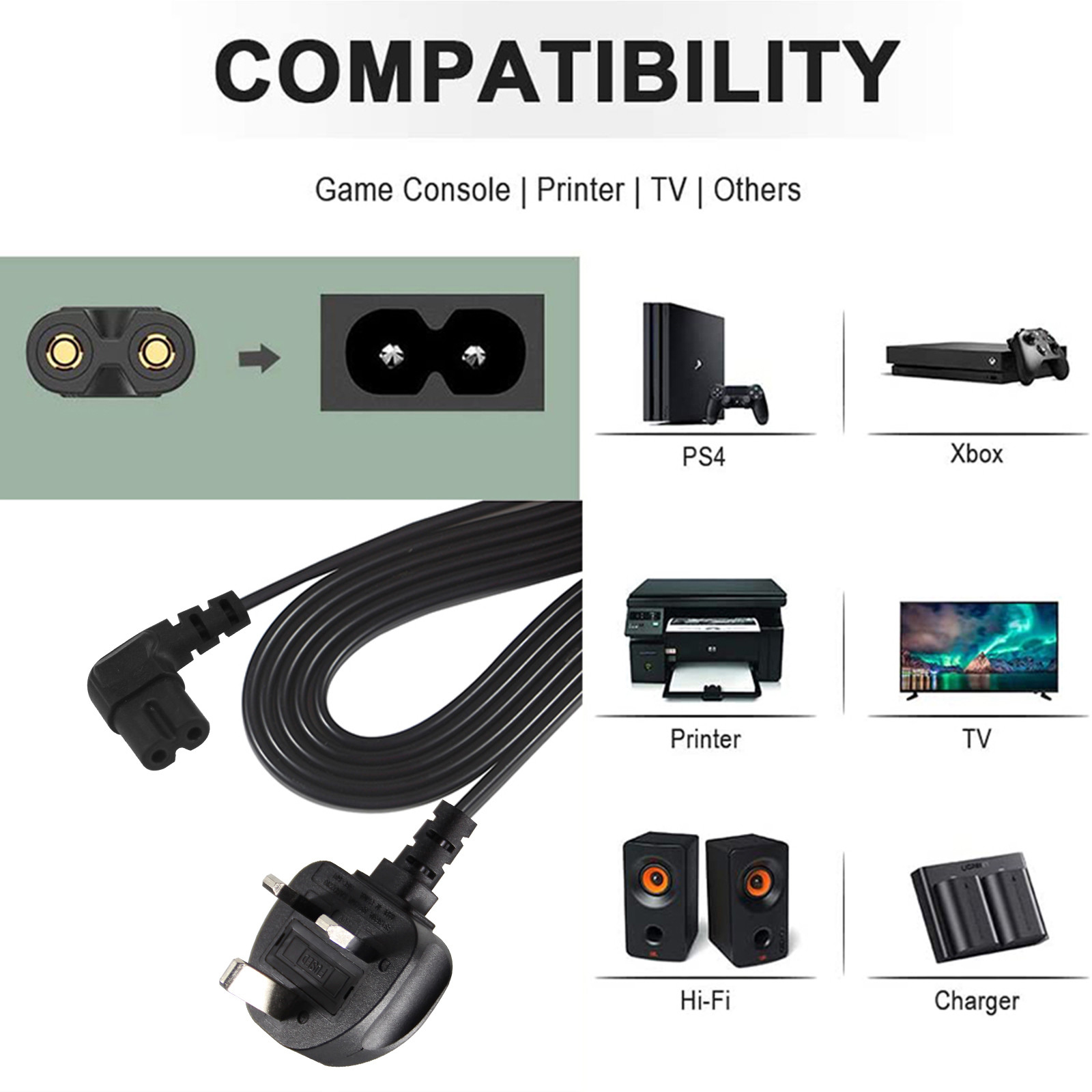 Pure Copper Conductor 90 Degrees White Figure 8 IEC IEC320 Connector UK BS Standard C7 AC Power Cord for Consumer Electronics