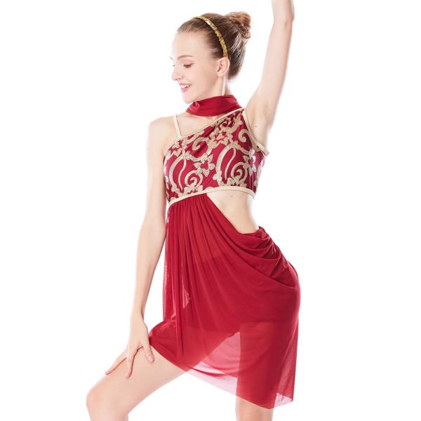 MiDee 3 Pieces Lyrical Dance Wear Outfits Floral Sequin High-Low Dress with