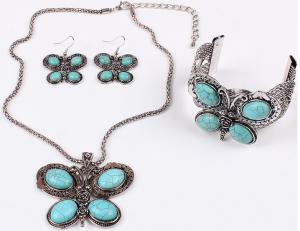 Quality Turquoise jewelry set fashion personality three butterfly earrings necklaces bracelets wholesale