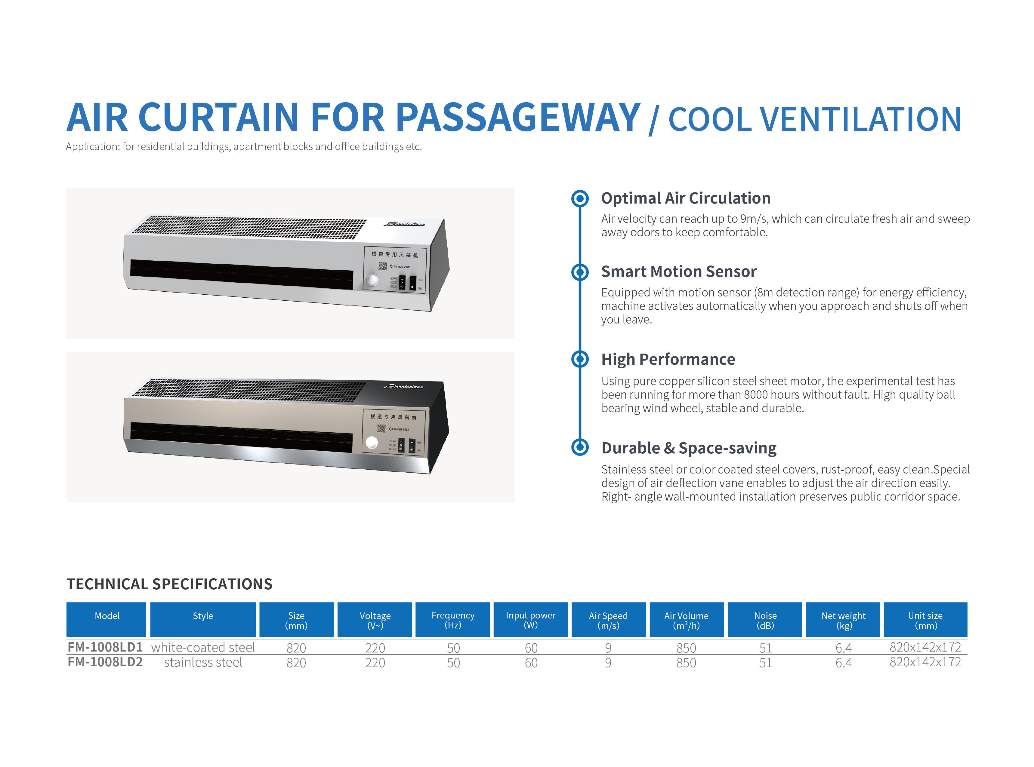 Cooling Air Curtain 2 color silver and white for Passageway using in residential buildings, apartment blocks and office buildings