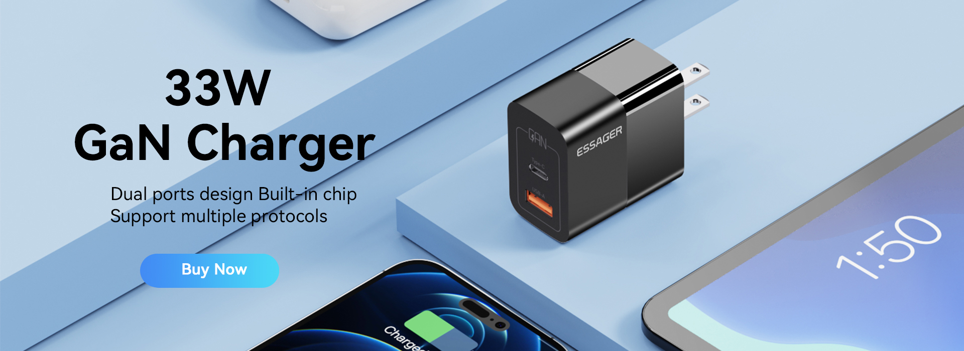 High Power GaN Chargers USB A Type C Double Port Quick Charging PD Wall Charger 33W