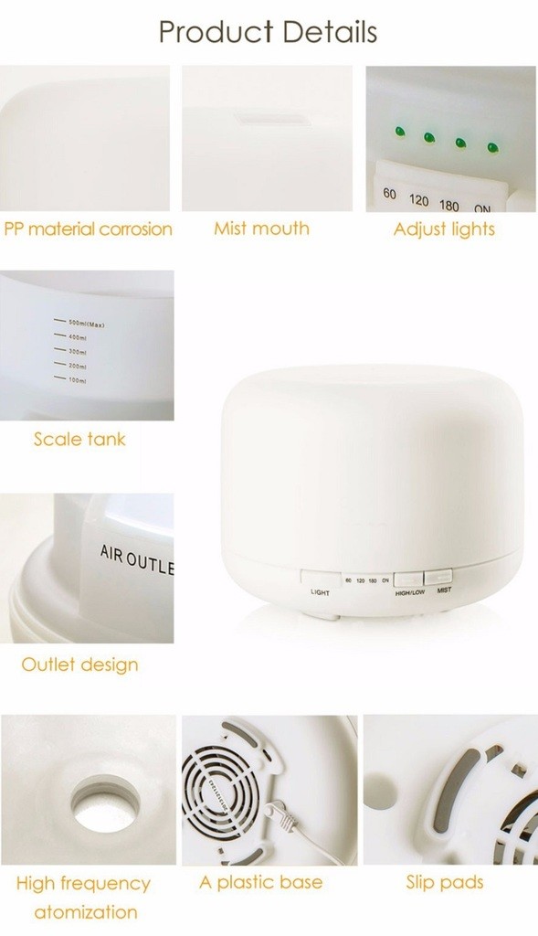 500ML White Plastic Aroma Diffuser With 7 Color LED Light And Remote Controller