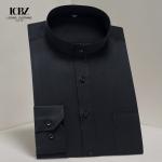 Covered Button Closure Men's Black and White Business Casual Shirt with Stand