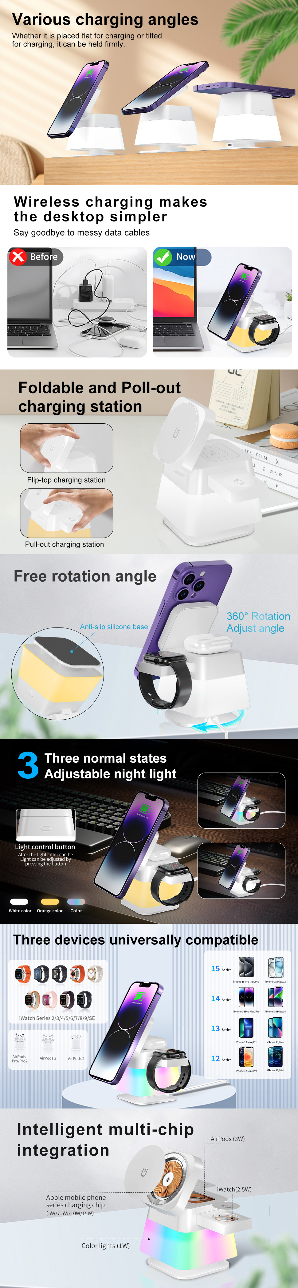 ABS PC Material RGB Night Light 3 in 1 Wireless Charger with Flipping Top