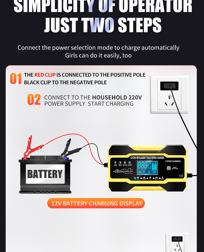 600W Intelligent Pulse Repair Battery Charger 12V 24V For Motorcycle