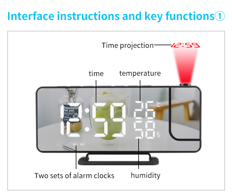 LED Digital Temp And Humidity Meter With Radio And Digital Projection Alarm Clock Black And Silver