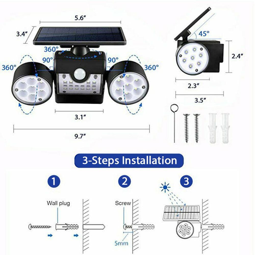 PIR Sensor 90lm 5V 1.3W Solar Wall Lamp Adjustable Angle Dual Head 2200mAh
