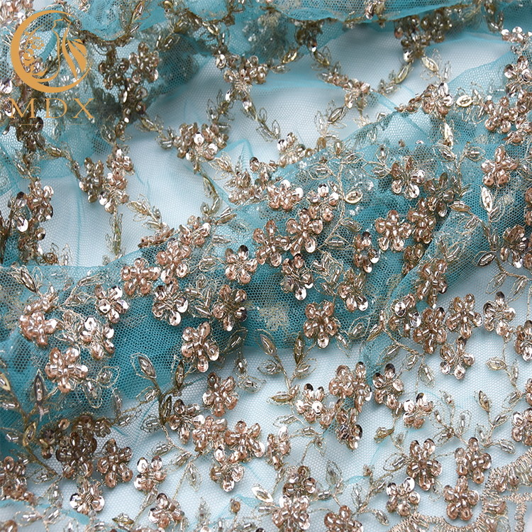Sequined Unique Lace Fabric 135cm Width 3D Embroidery For Wedding Gown