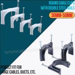 Ø2.5mm~25mm Plastic Cable Clips c/w Single Nail and Ø30mm~50mm Round Cable Clips