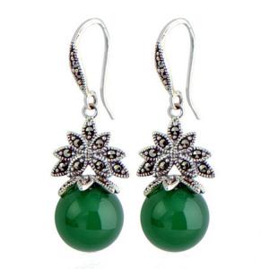 Quality Sterling Silver Green Agate Bead Dangle Hoop Earrings Thai Vintage Jewellery (E12035GREEN) wholesale