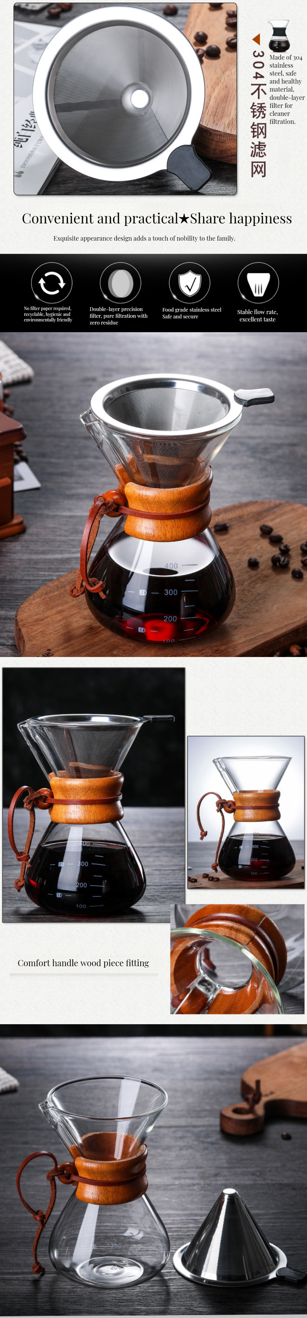 Stocked Classic Series 1-3 Cup Wood Neck Pour-Over Maker 6-Cup Natural Coffee Filter Glass Pour Tea Set