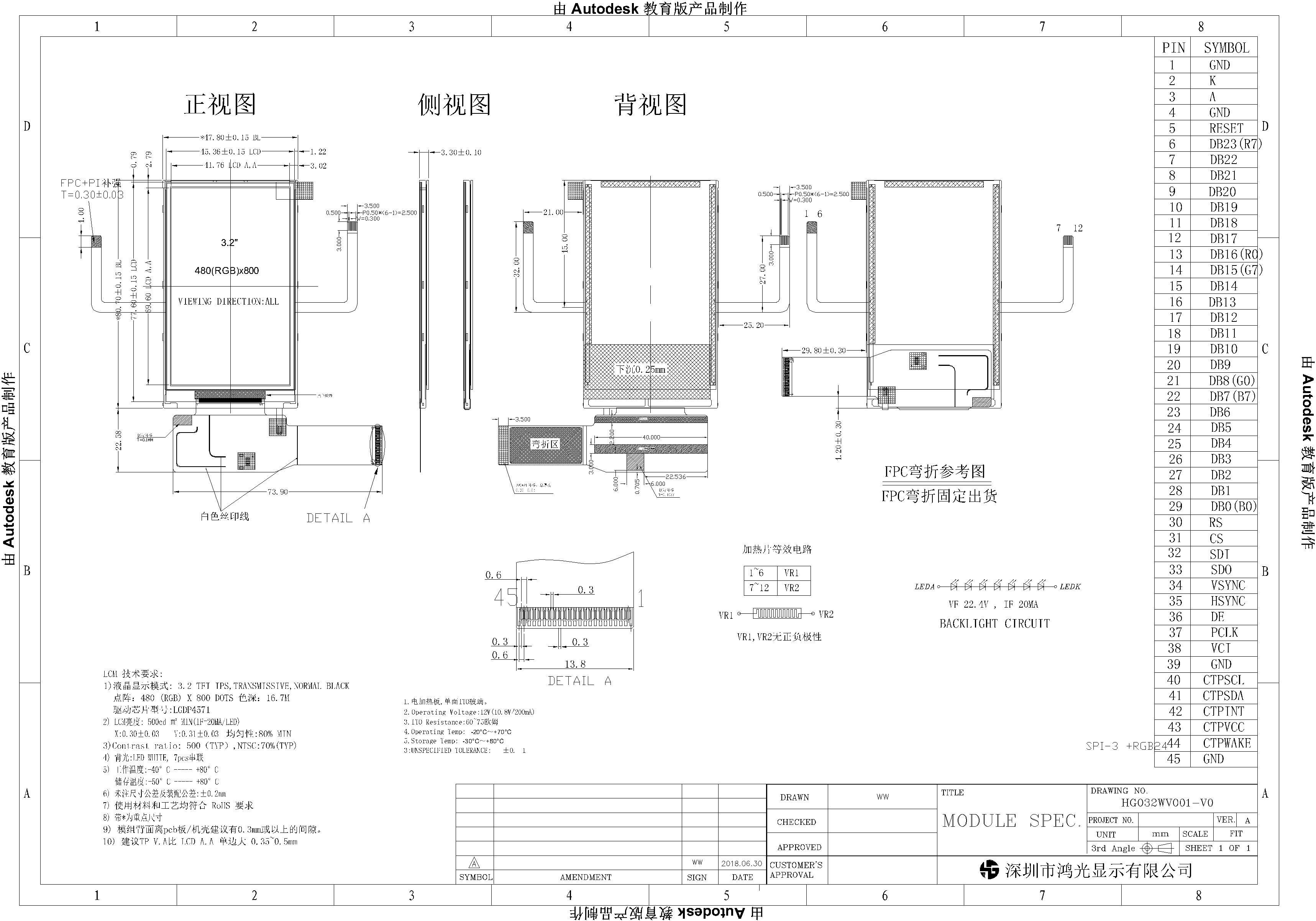 480x800 Resolution Industrial TFT LCD IPS 3.2 Inches RGB Interface