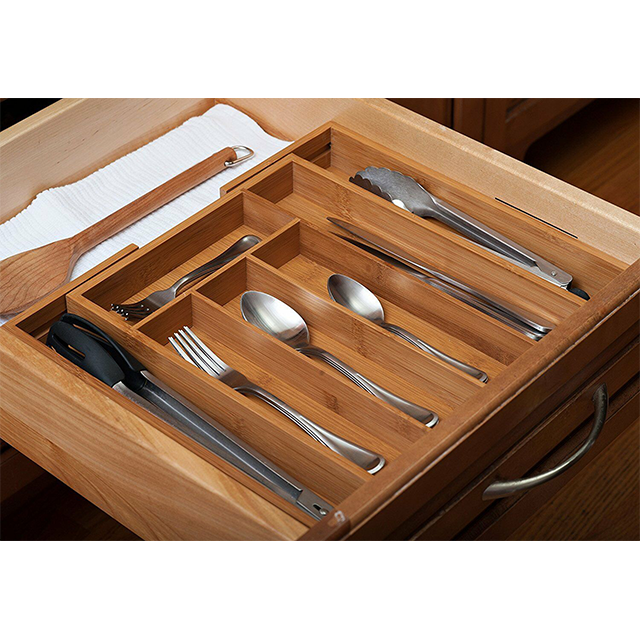 Expandable Rectangle Kitchen Tableware Bamboo Silverware Cutlery Tray CE Certificate