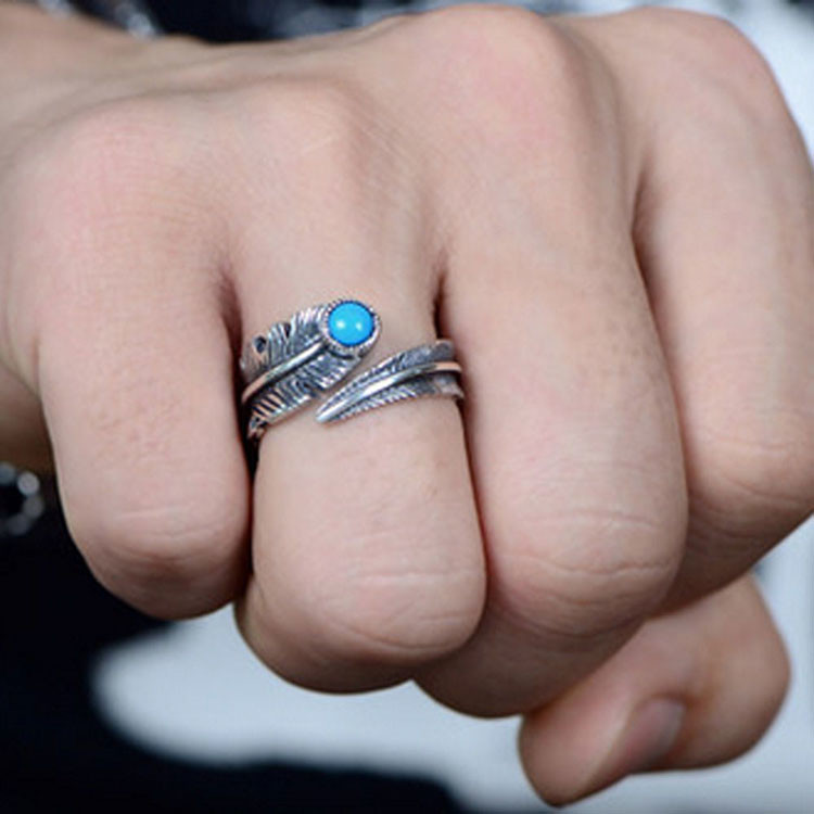 Turquoise Adjustable Tribal Feather Ring 925 Sterling Silver Band Ring (024952)