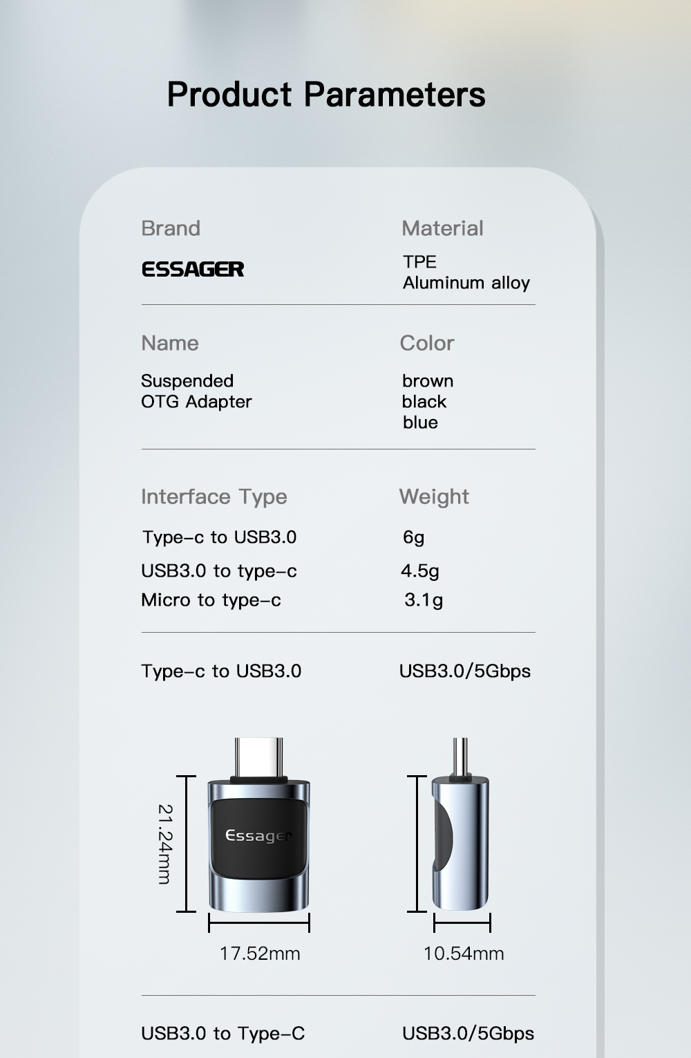 USB3.0 Micro Type C Fast Charging OTG Adapter 5Gbps Transmission 3A