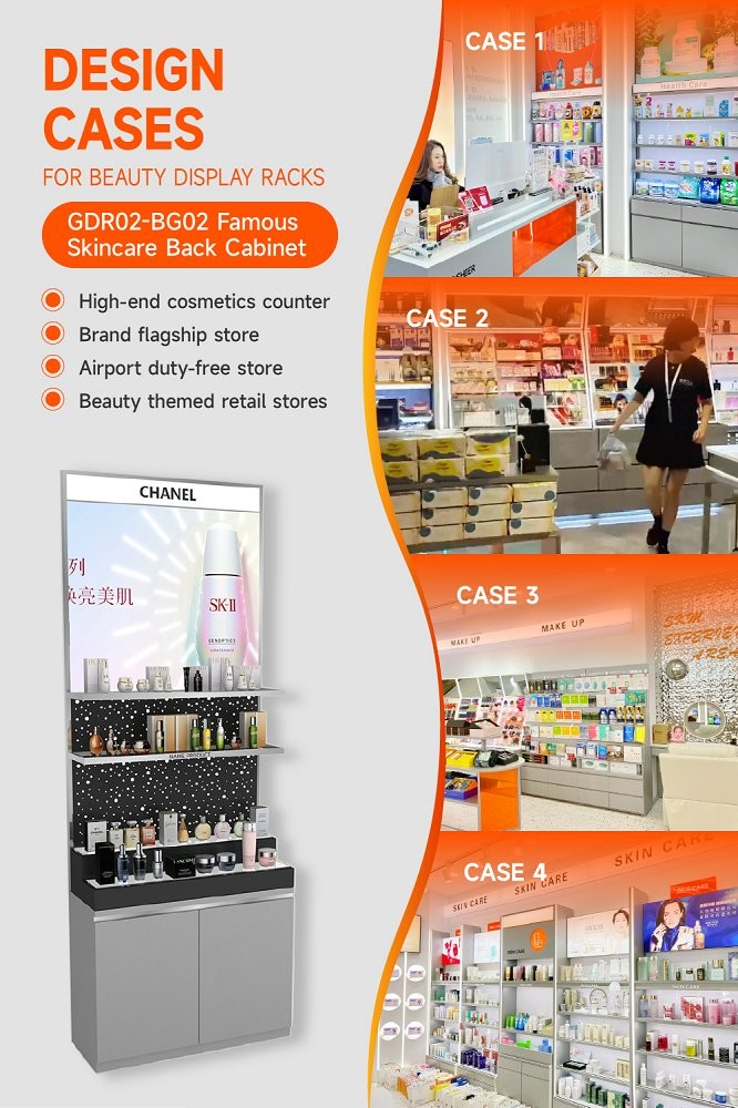GDR02-BG02 Skincare Display Cabinet with Stainless Steel Tube and 60mm Soft Film Light Box for Fashion Boutiques