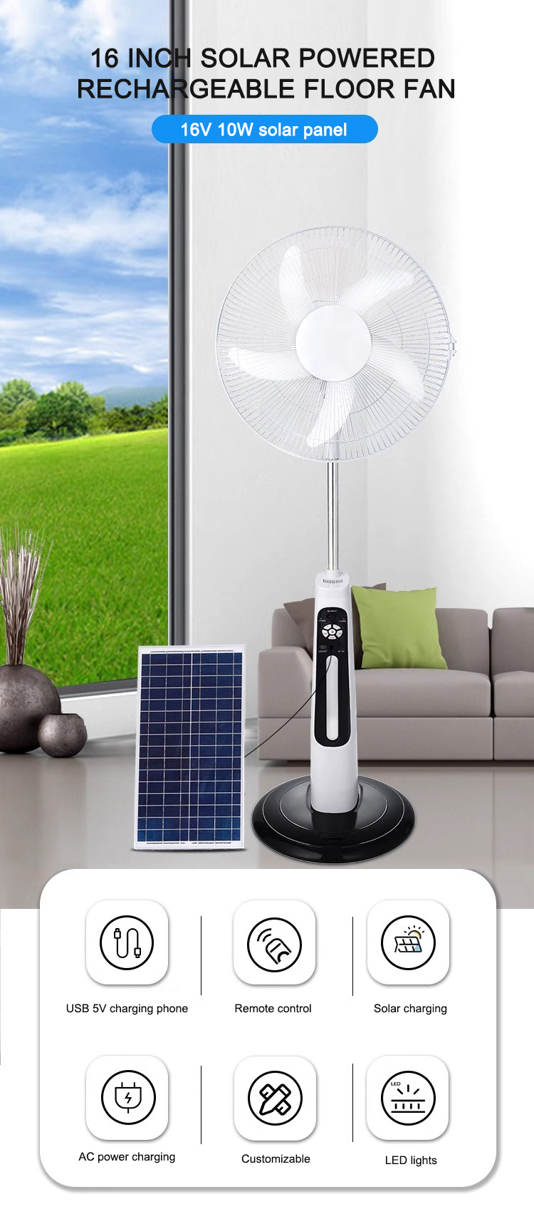Latest 5 Blades 16/18 Inches Rechargeable Floor Stand Fan Solar Powered Electric Fan With Solar Panel