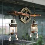 American Design Glass Chandelier Retro Cafe Wooden Lamp Gear Industrial