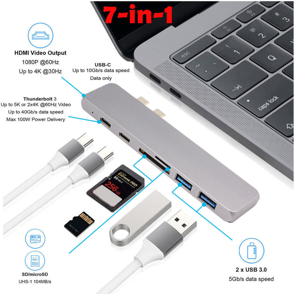Dual USB C Hub Macbook Pro 2017/2016 13" 15" Accessories Thunderbolt 3 Hub Adapter Type-C Dock MicroSD/SD Card Reader