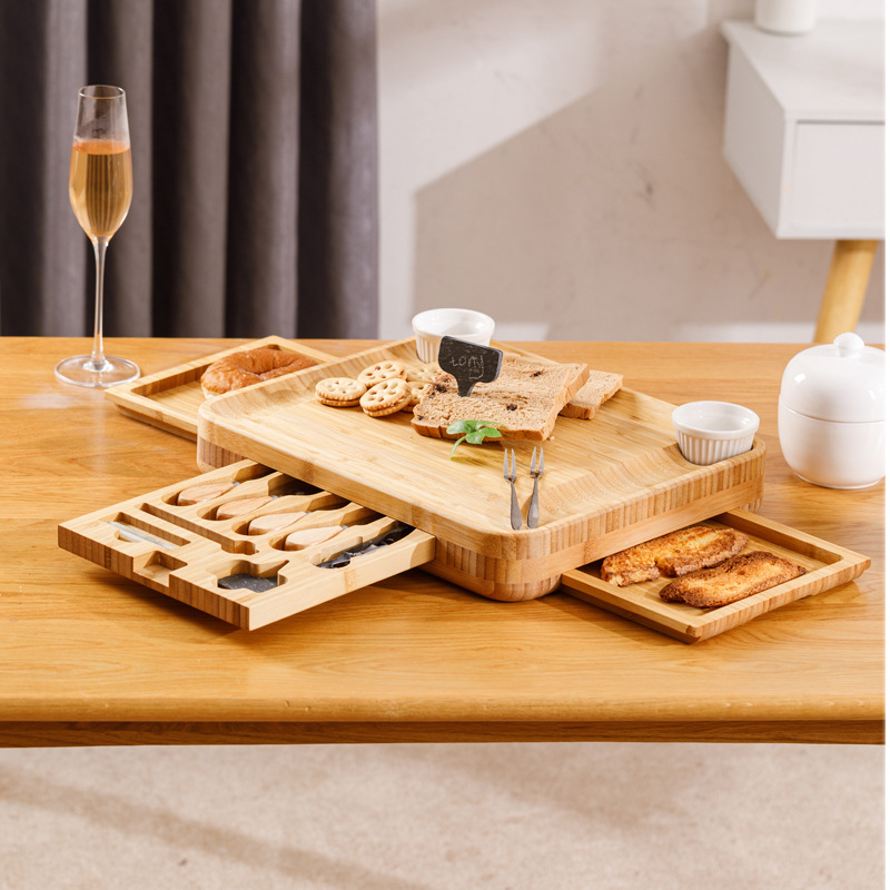 Eco Friendly Bamboo Charcuterie Boards Wood Cutting Blocks With Cutlery Set