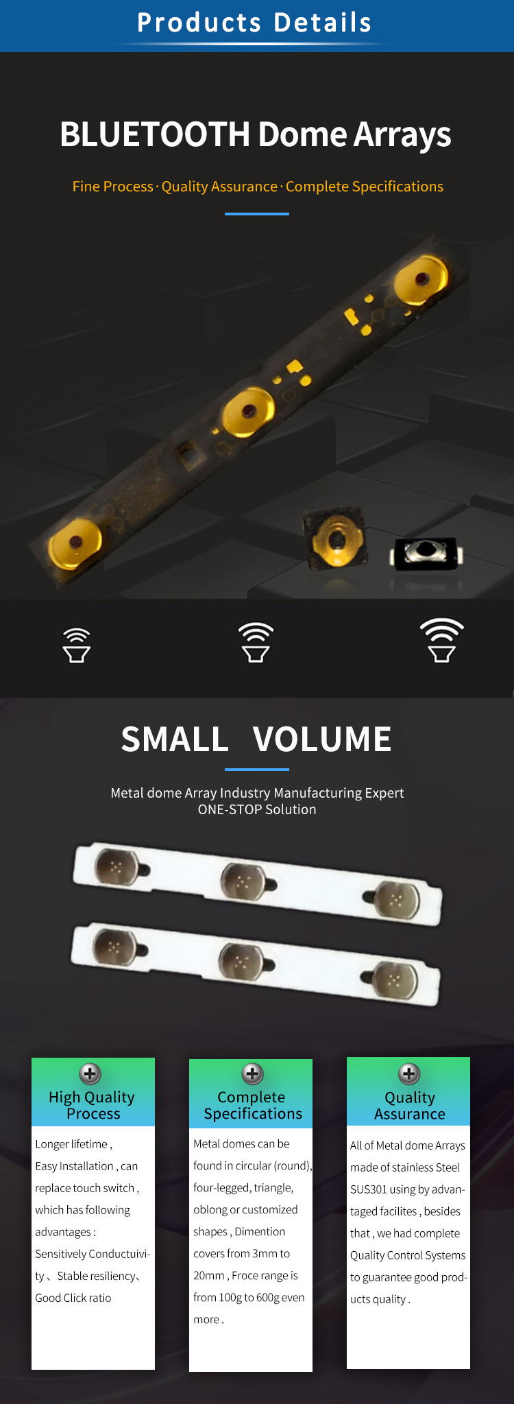 ROHS Compliance Metal Dome Arrays 100K ~ 3KK Shots Lifetime For Airpod Plug