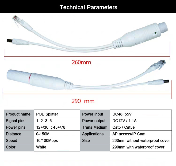 Mini Waterproof PoE Splitter 10/100M 48V to 12V for POE switch and IP Cameras